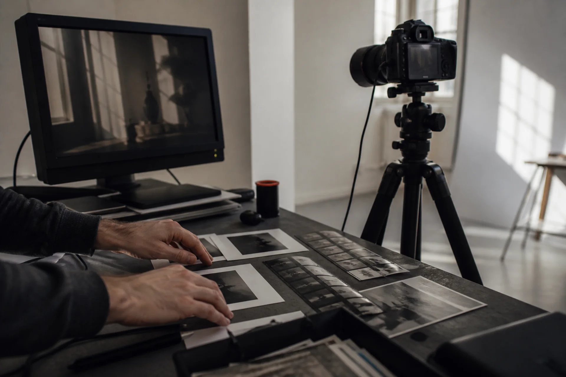 Fotograf porządkuje odbitki przy aparacie i stanowisku do selekcji materiału